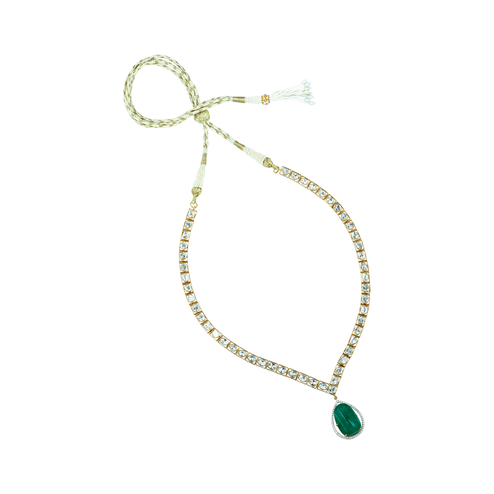 Emerald Pendant Polki Necklace with Symmetrical Polkis